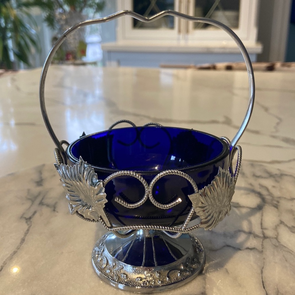 Vintage Cobalt Blue Glass and Silver Plate Basket with Leaf Motif.
